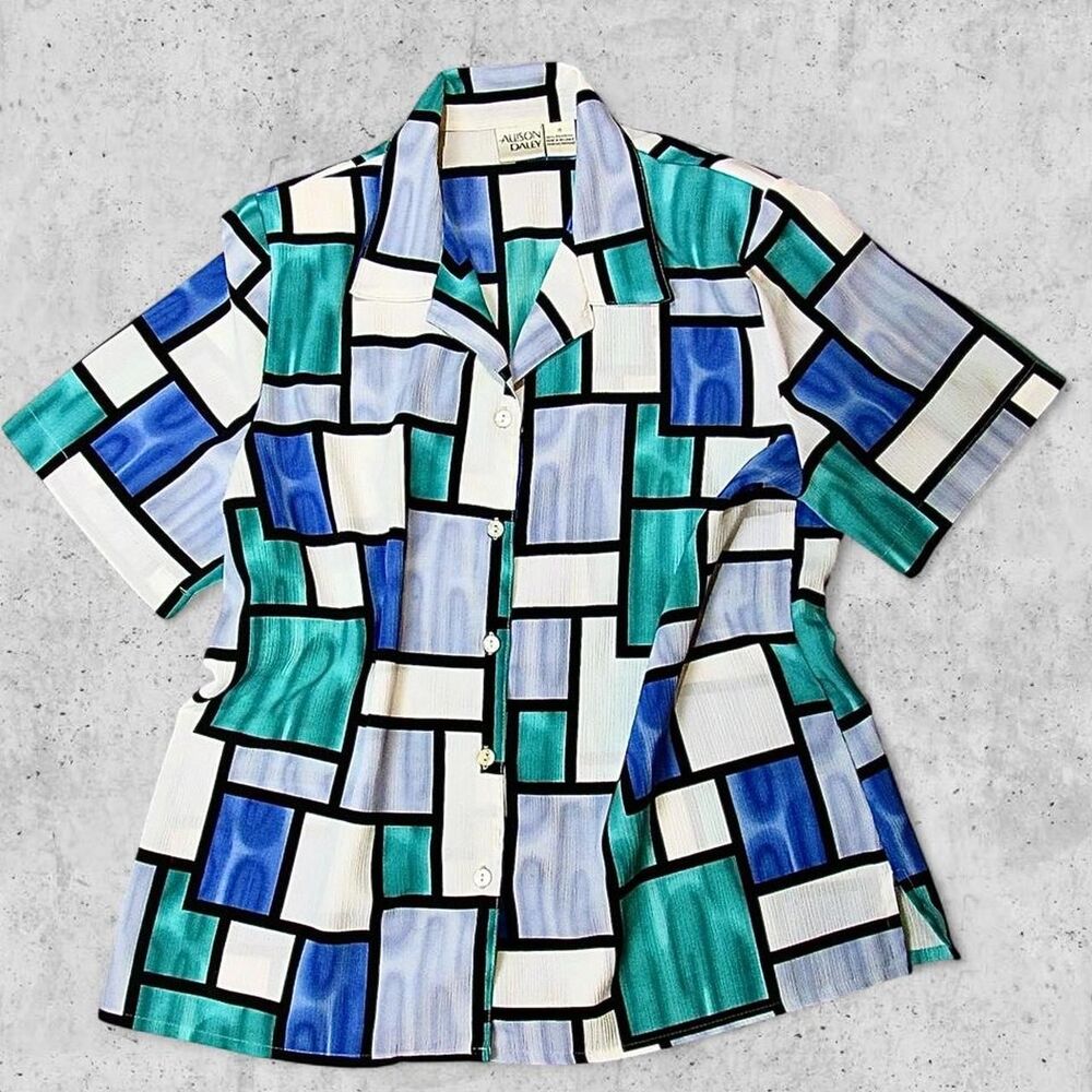 Allison Daley 80s Blue Geometric Block Print Button Up Shirt, Size 16W,